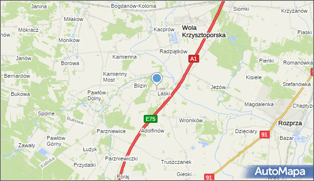 mapa Laski, Laski gmina Wola Krzysztoporska na mapie Targeo